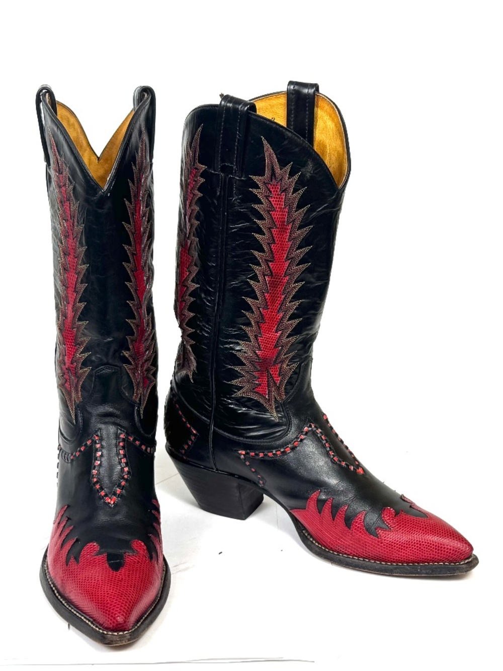 Tony Lama Classic Firewalker Black Cowboy Boots - Mens 8D Red Lizard Inlaid - Picture 5 of 12